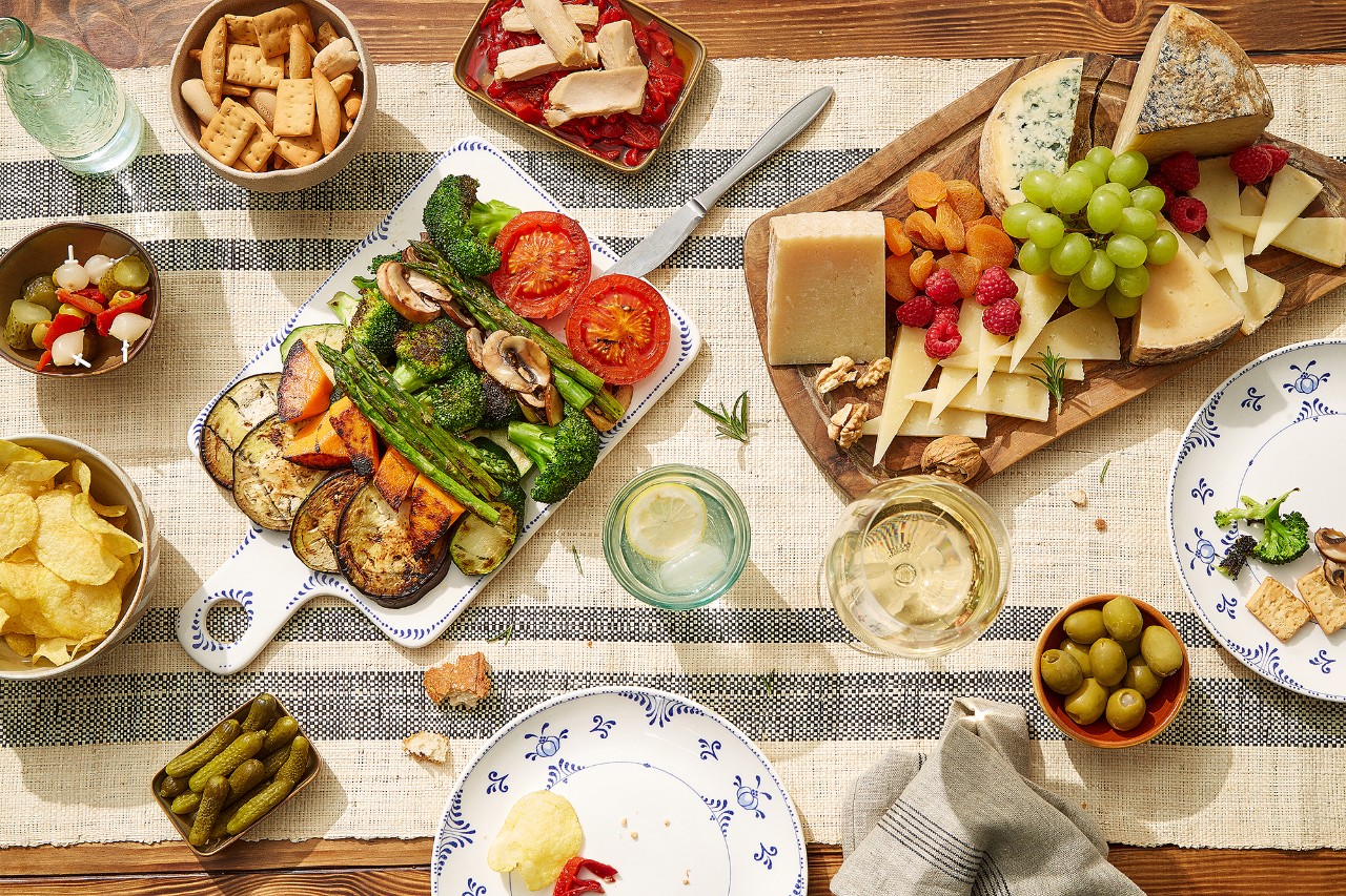 Food scene. Various products on a table ready to be served.